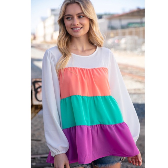 Purple Orange Teal Colorblock Tiered Ruffle Top Oversized Blouse S M L 1X 2X 3X - Picture 5 of 9